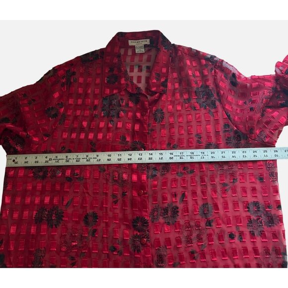 Notations Womens 1X Red & Black Sheer Shimmery Floral Long Sleeve Button Up Top - Picture 6 of 8